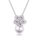 Silver Link Chain Necklace with Clear Cubic Zirconia Flower Shape Pearl Pendant - Splendid Jewellery