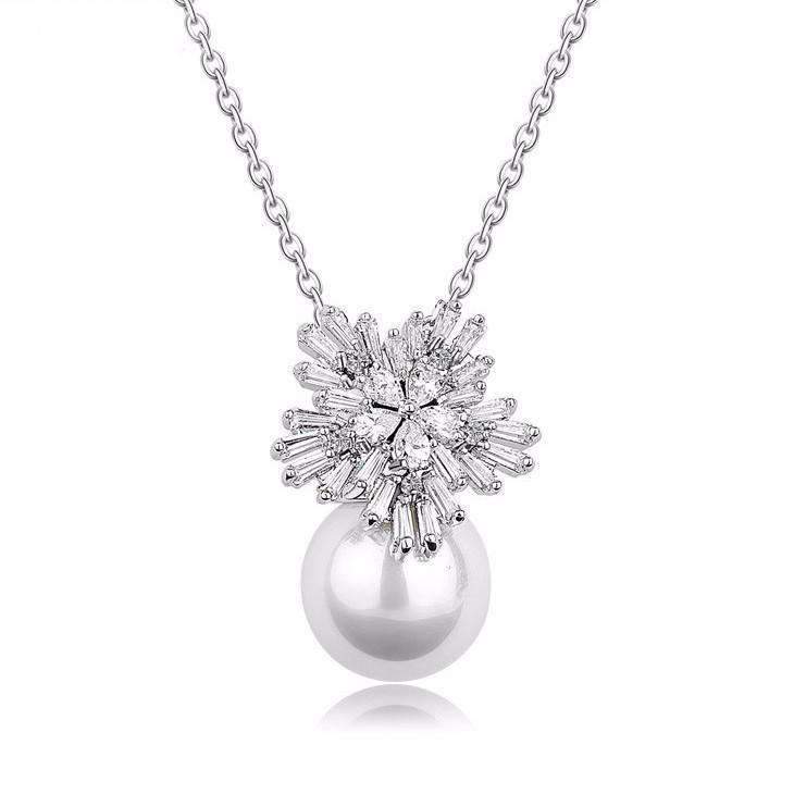 Silver Link Chain Necklace with Clear Cubic Zirconia Flower Shape Pearl Pendant - Splendid Jewellery