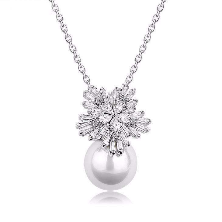 Silver Link Chain Necklace with Clear Cubic Zirconia Flower Shape Pearl Pendant Splendid Jewellery
