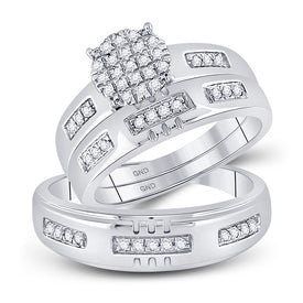 Sparkling Love: 10kt White Gold His Hers Round Diamond Cluster Wedding Set - Splendid Jewellery