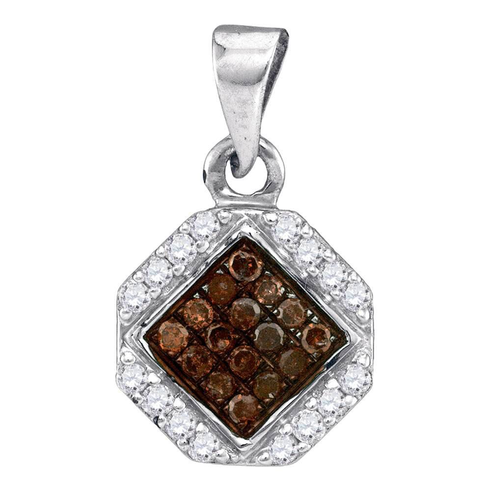 Splendid Jewellery 10kt White Gold Womens Round Brown Diamond Geometric Cluster Pendant - Splendid Jewellery