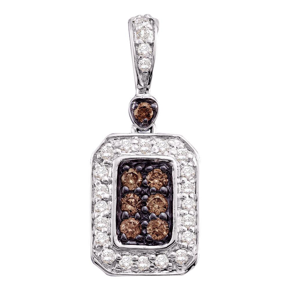 Splendid Jewellery 10kt White Gold Womens Round Brown Diamond Rectangle Cluster Pendant - Splendid Jewellery