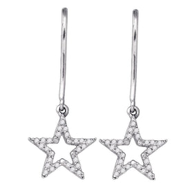 Stellar Brilliance: 10kt White Gold Womens Round Diamond Star Dangle Earrings 1/5 Cttw - Splendid Jewellery