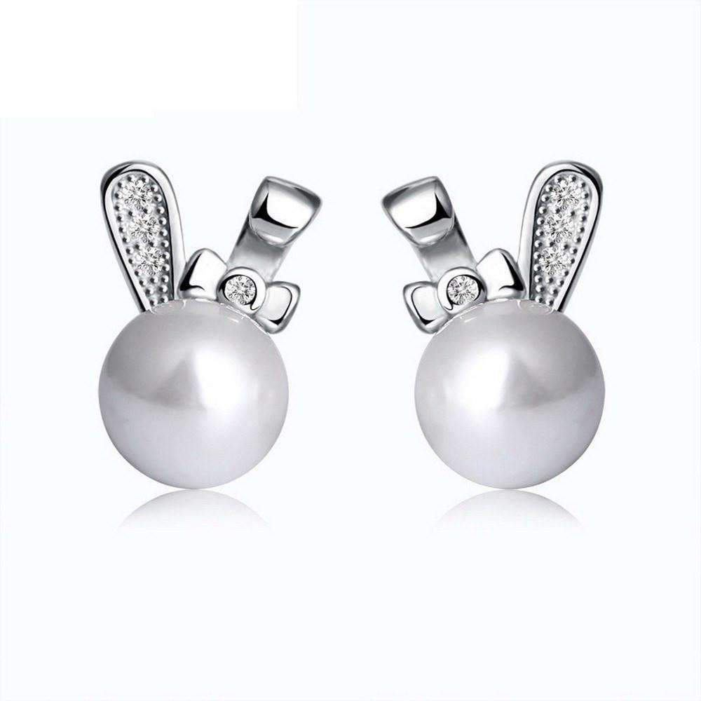 Sterling Silver Cute Little Rabbit White Shell Pearls Stud Earrings - Splendid Jewellery