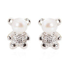 Sterling Silver Cute Teddy Bear White Natural Fresh Water Pearls Stud Earrings - Splendid Jewellery