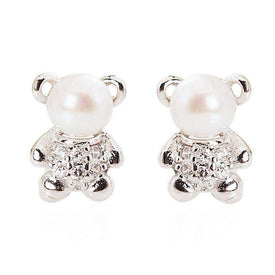 Sterling Silver Cute Teddy Bear White Natural Fresh Water Pearls Stud Earrings - Splendid Jewellery