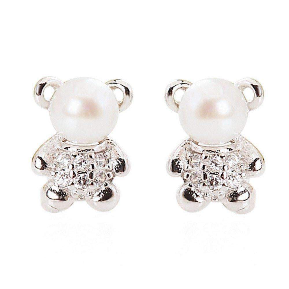 Sterling Silver Cute Teddy Bear White Natural Fresh Water Pearls Stud Earrings Splendid Jewellery