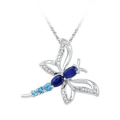 Sterling Silver Diamond Butterfly Pendant with Lab Blue Sapphire Birthstone Splendid Jewellery