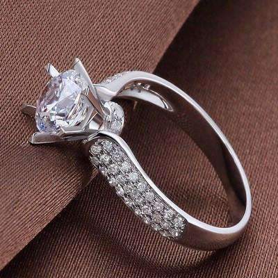 Sterling Silver Engrave Solitaire Topaz Simulated Diamond Flower Ring - Splendid Jewellery