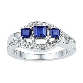 Sterling Silver Lab - Created Sapphire ring with Diamond - Splendid Jewellery
