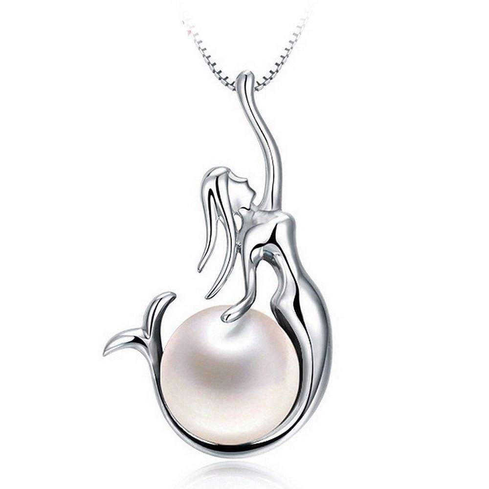 Sterling Silver White Natural Freshwater Pearl with Mermaid Pendant Necklace - Splendid Jewellery
