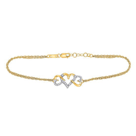 Triple Heart Diamond Chain Bracelet in 10kt Yellow Gold - Stunning Symbol of Love and Elegance - Splendid Jewellery