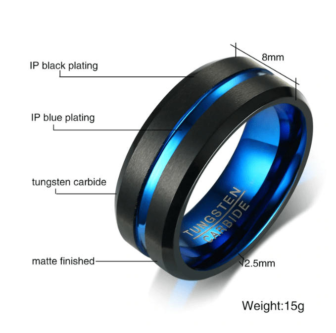 Tungsten Wedding Band with Blue Carbon Fibre Splendid Jewellery