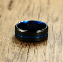 Load image into Gallery viewer, Tungsten Wedding Band with Blue Carbon Fibre Splendid Jewellery
