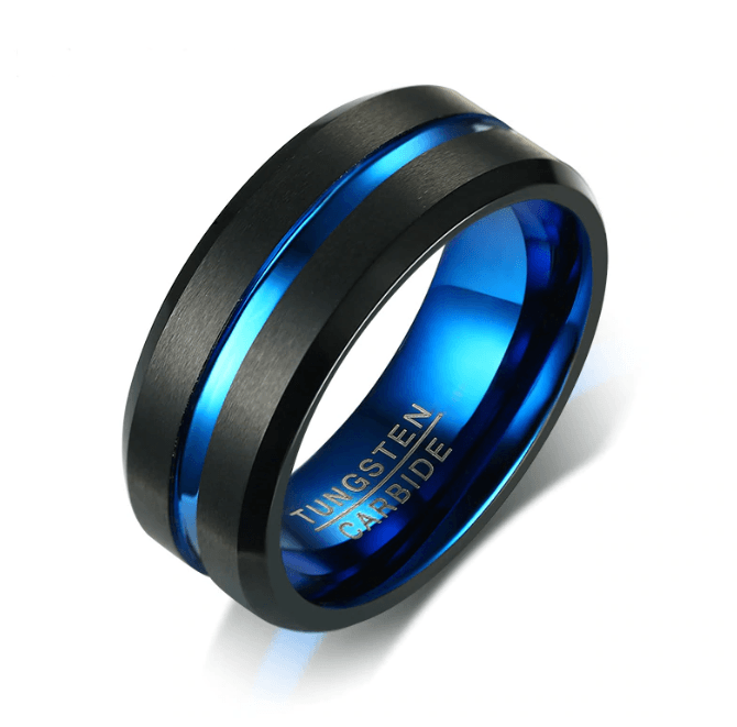 Tungsten Wedding Band with Blue Carbon Fibre Splendid Jewellery