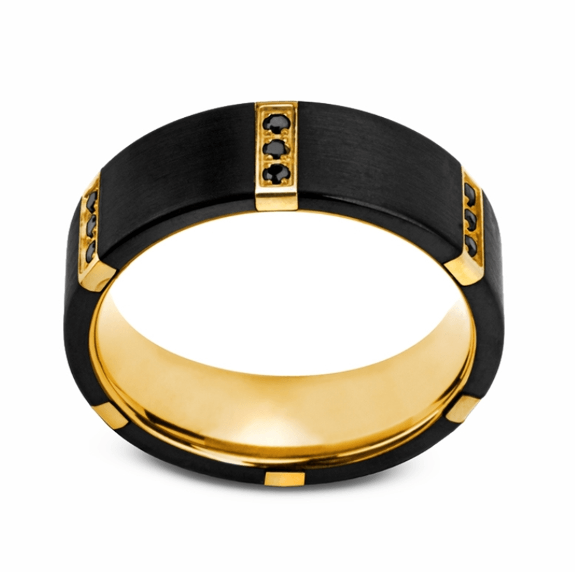 Tungsten Wedding Band with Titanium, Steel Gold and Black Diamonds Splendid Jewellery