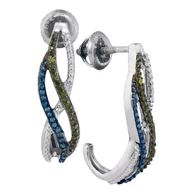 Vibrant Jewels: 10kt White Gold Womens Round Green Blue Diamond Half J Hoop Earrings - Splendid Jewellery