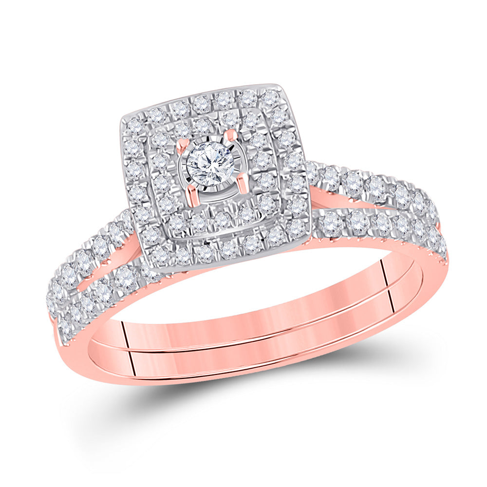 Wedding Collection | 10kt Rose Gold Round Diamond Halo Bridal Wedding Ring Band Set 1/2 Cttw | Splendid Jewellery GND