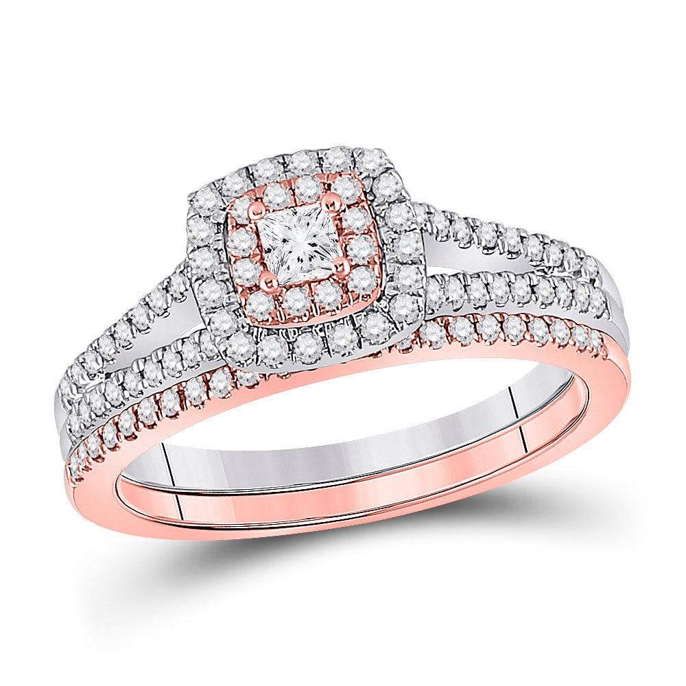Wedding Collection | 10kt Two-tone Gold Princess Diamond Halo Bridal Wedding Ring Band Set 1/2 Cttw | Splendid Jewellery GND