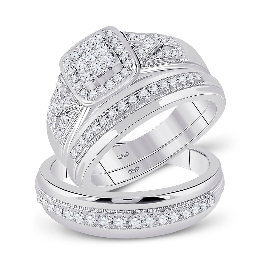 Wedding Collection | 10kt White Gold His Hers Round Diamond Square Matching Wedding Set 3/4 Cttw | Splendid Jewellery GND