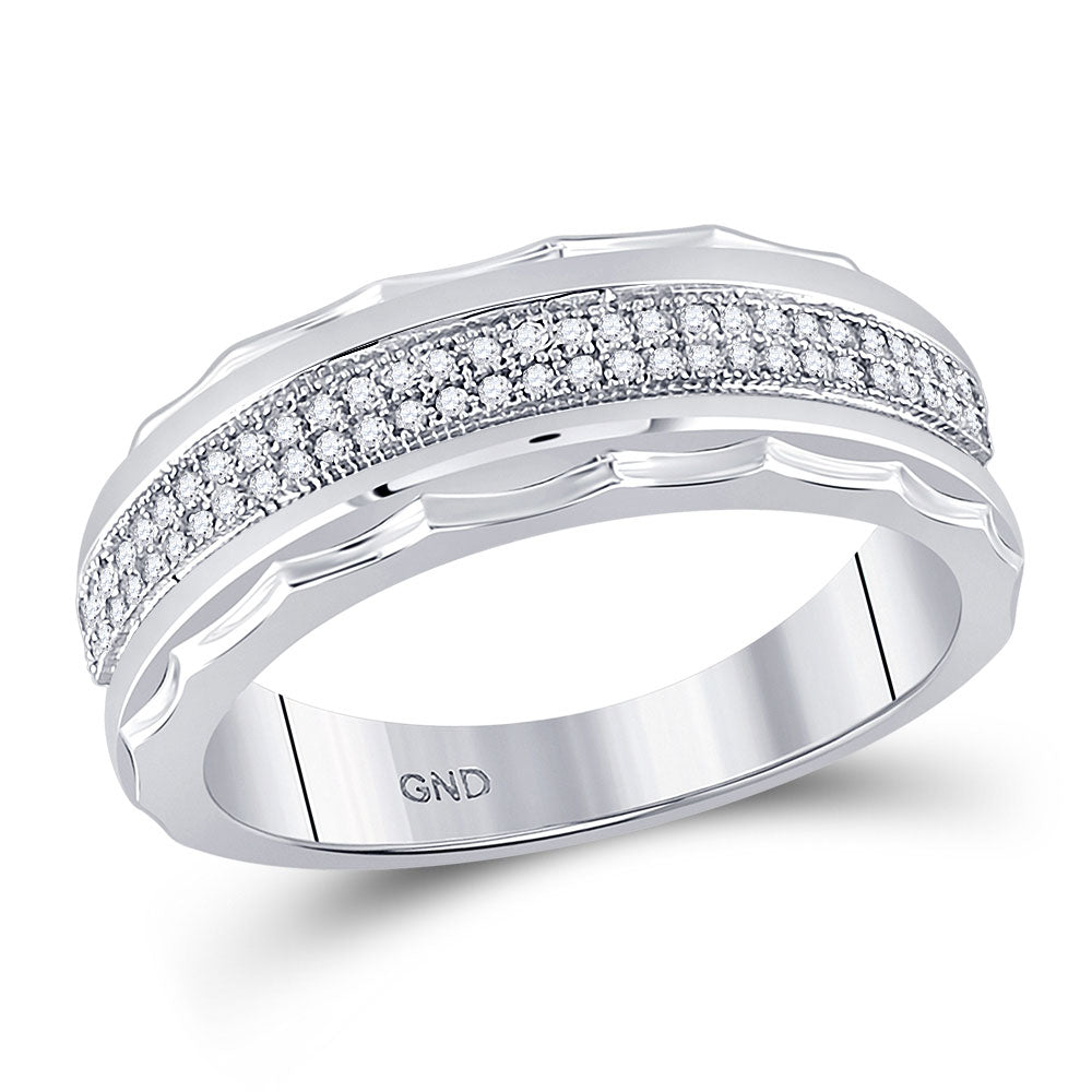 Wedding Collection | 10kt White Gold Mens Round Diamond Wedding Scalloped Edge Band Ring 1/5 Cttw | Splendid Jewellery GND