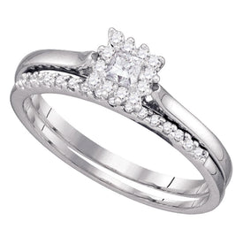 Princess Elegance: 10kt White Gold Diamond Halo Bridal Wedding Ring Band Set Top View from Splendid Jewellery