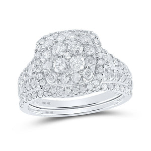 Wedding Collection | 10kt White Gold Round Diamond Square Halo Bridal Wedding Ring Band Set 1-1/2 Cttw | Splendid Jewellery GND