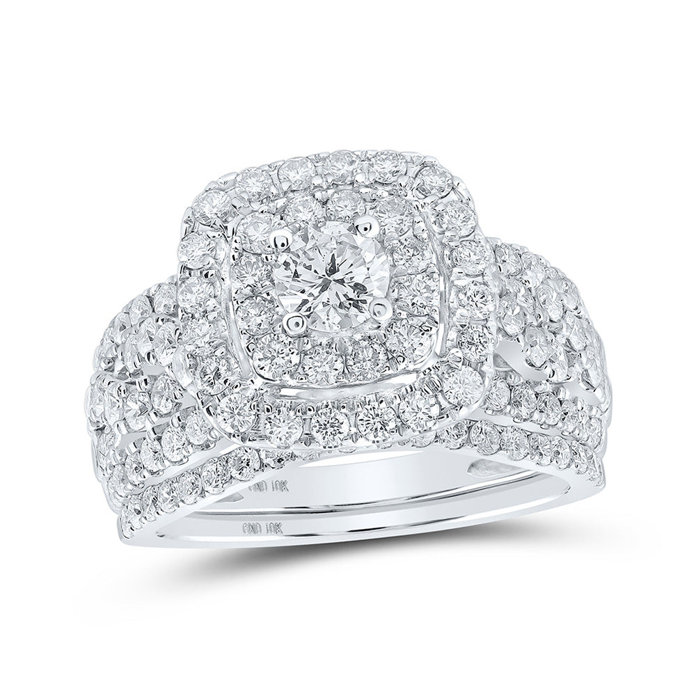 Wedding Collection | 10kt White Gold Round Diamond Square Halo Bridal Wedding Ring Band Set 2 Cttw | Splendid Jewellery GND