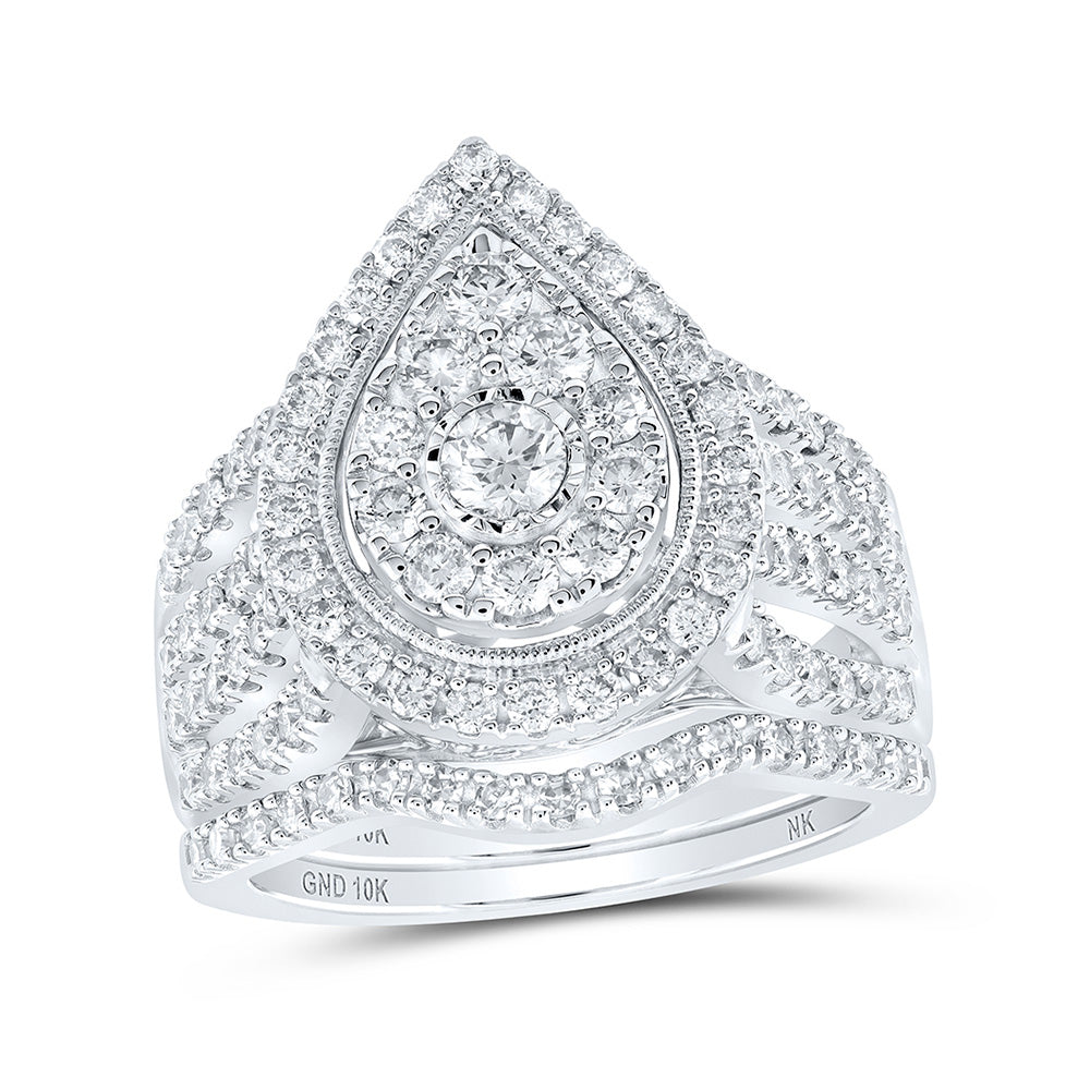 Wedding Collection | 10kt White Gold Round Diamond Teardrop Bridal Wedding Ring Band Set 1-1/2 Cttw | Splendid Jewellery GND