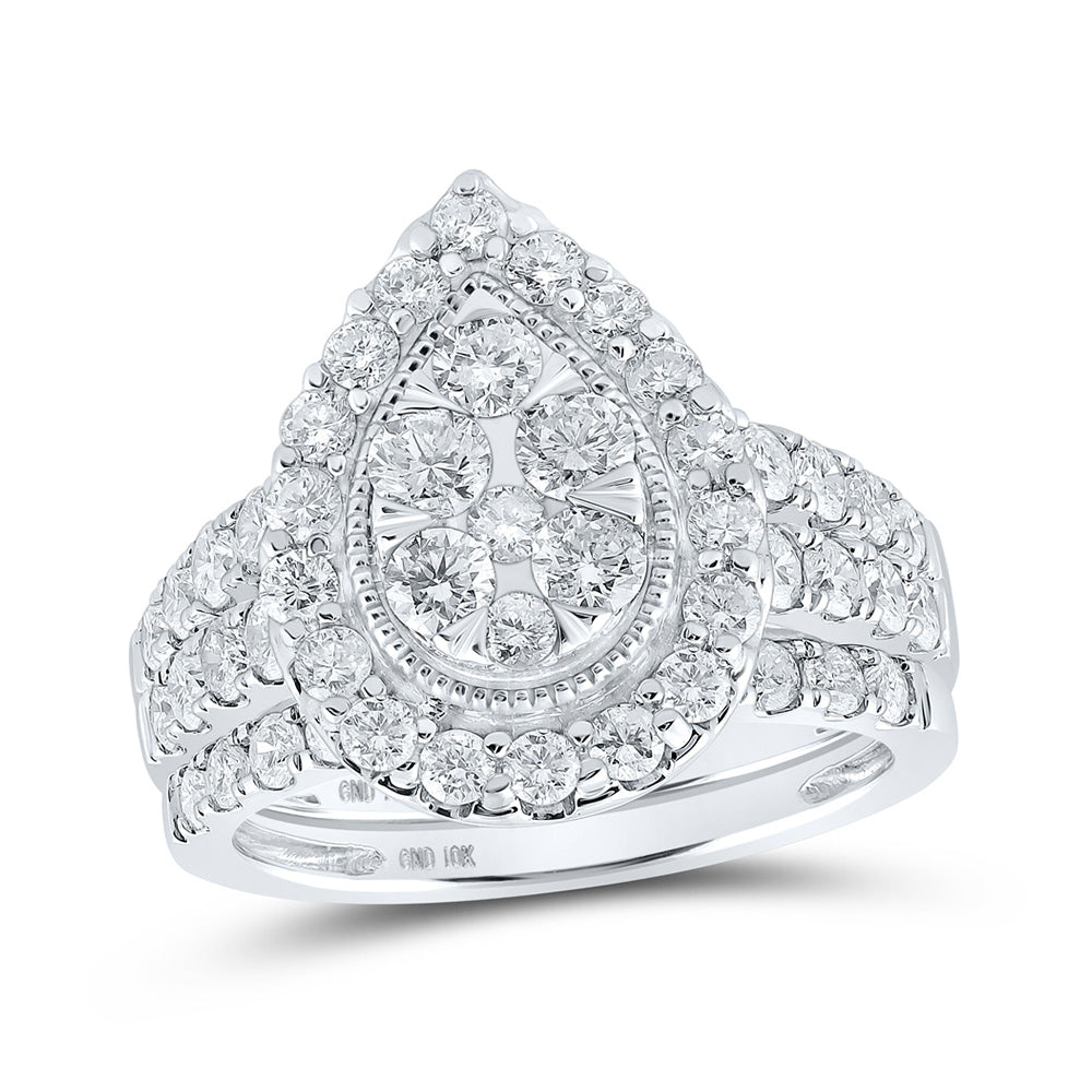 Wedding Collection | 10kt White Gold Round Diamond Teardrop Cluster Bridal Wedding Ring Band Set 2 Cttw | Splendid Jewellery GND