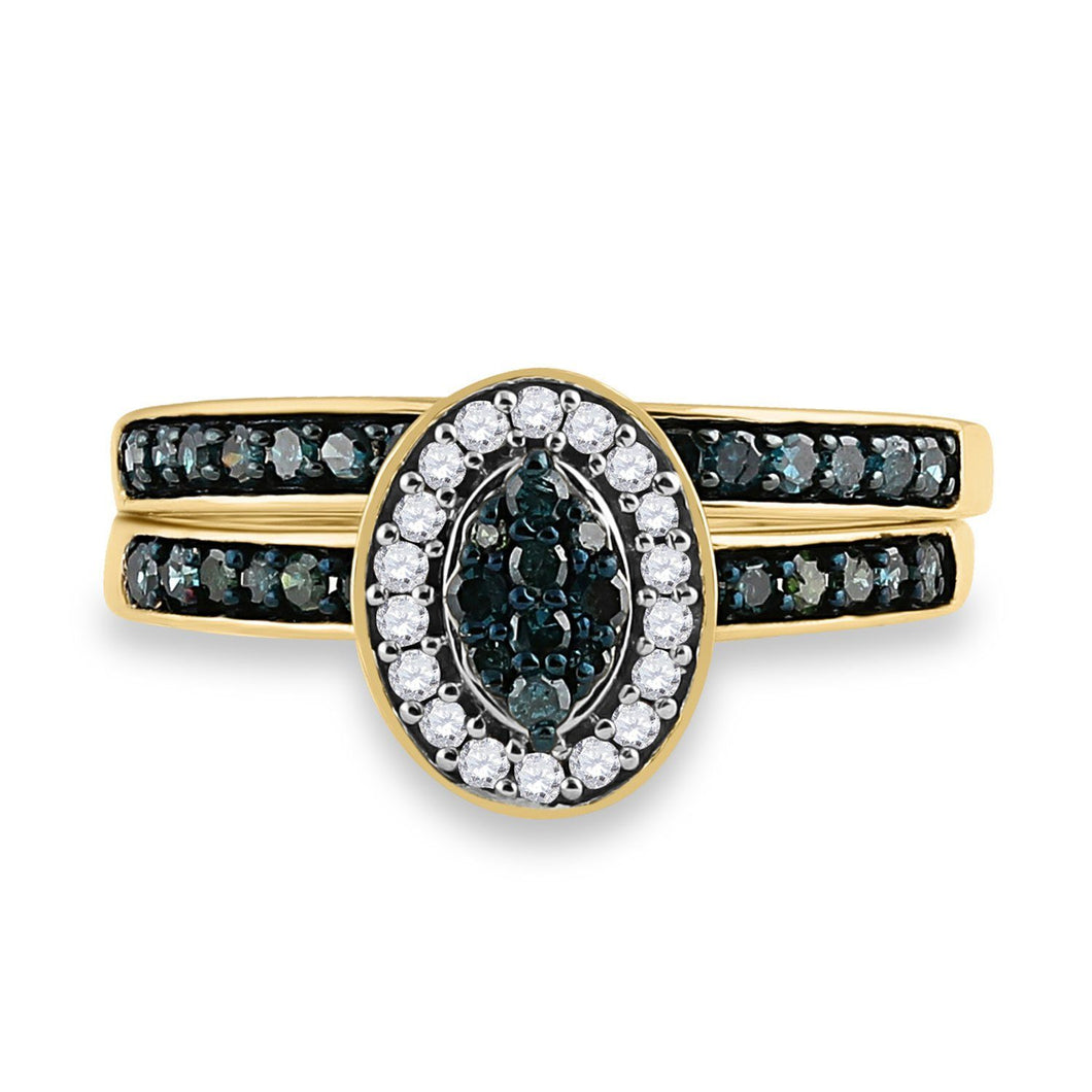 Wedding Collection | 10kt Yellow Gold Round Blue Color Enhanced Diamond Bridal Wedding Ring Band Set 1/2 Cttw | Splendid Jewellery GND
