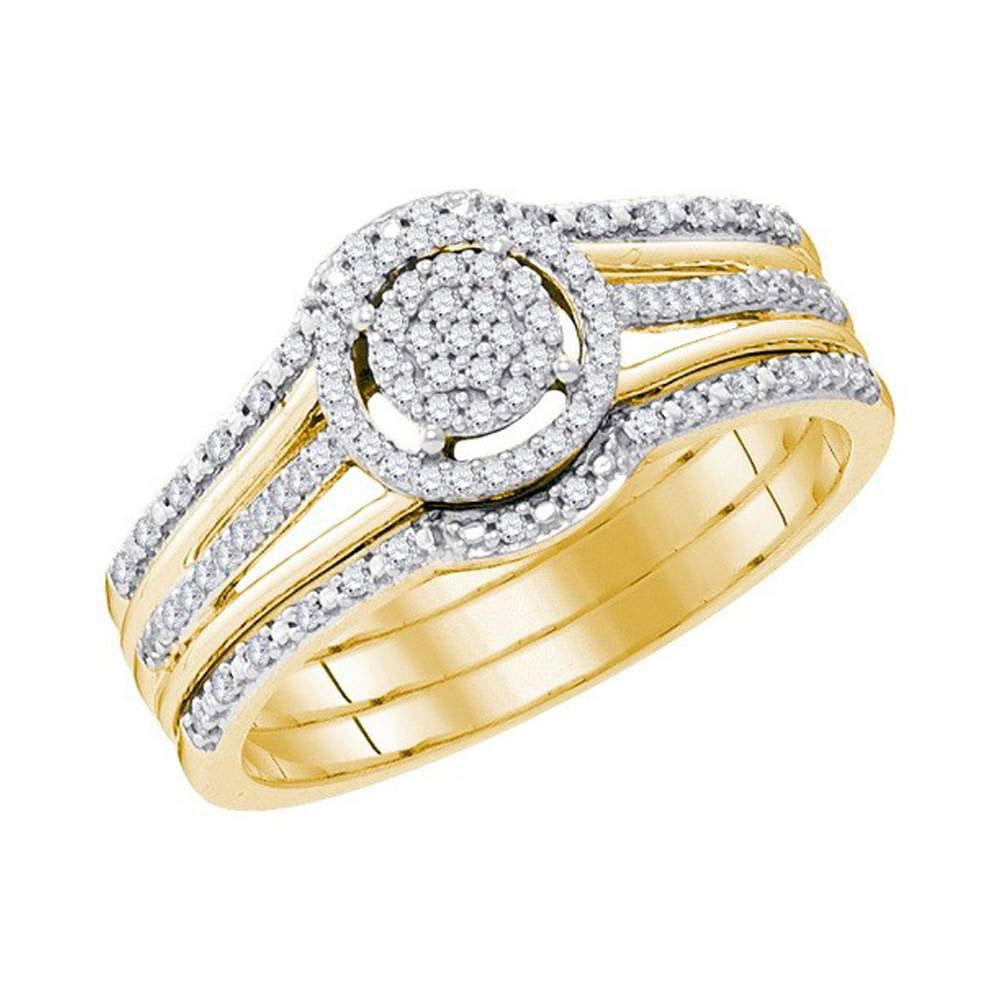 Wedding Collection | 10kt Yellow Gold Round Diamond Cluster Bridal Wedding Ring Band Set 1/4 Cttw | Splendid Jewellery GND