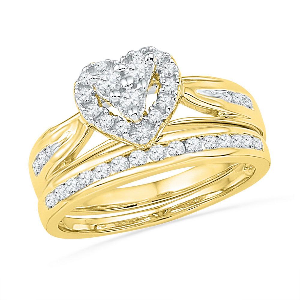 Wedding Collection | 10kt Yellow Gold Round Diamond Heart Bridal Wedding Ring Band Set 1/2 Cttw | Splendid Jewellery GND