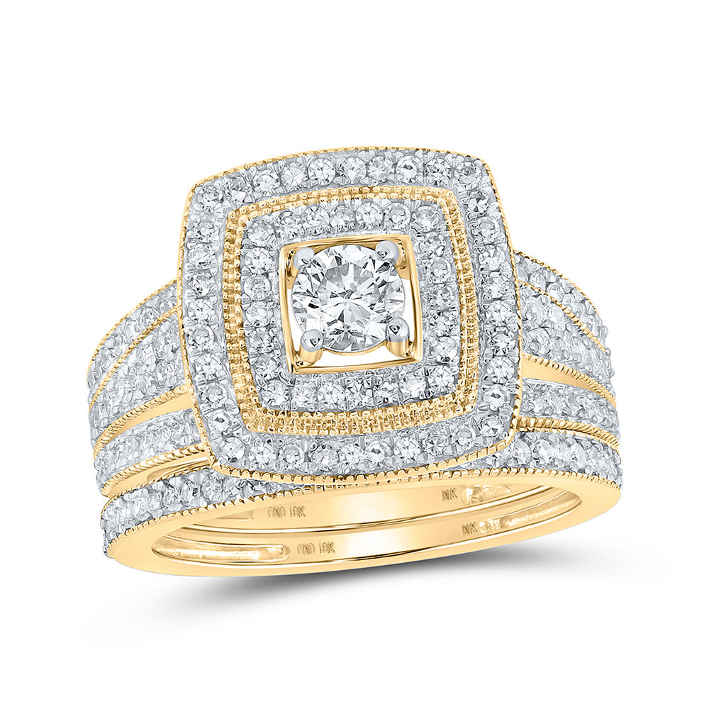 Wedding Collection | 10kt Yellow Gold Round Diamond Square Halo Bridal Wedding Ring Band Set 1 Cttw | Splendid Jewellery GND