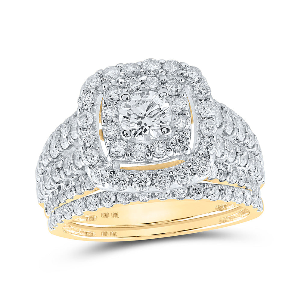Wedding Collection | 10kt Yellow Gold Round Diamond Square Halo Bridal Wedding Ring Band Set 2 Cttw | Splendid Jewellery GND