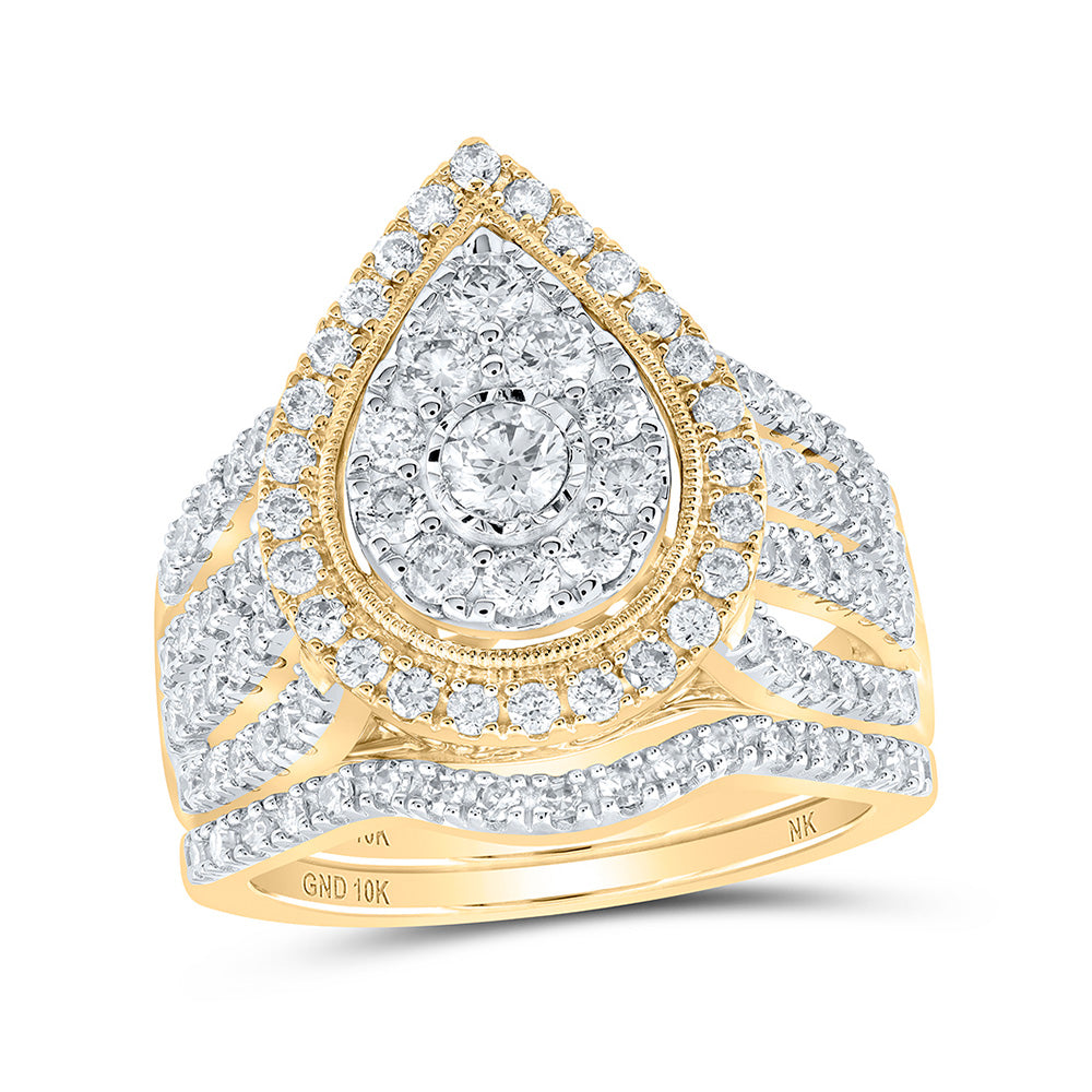 Wedding Collection | 10kt Yellow Gold Round Diamond Teardrop Bridal Wedding Ring Band Set 1-1/2 Cttw | Splendid Jewellery GND