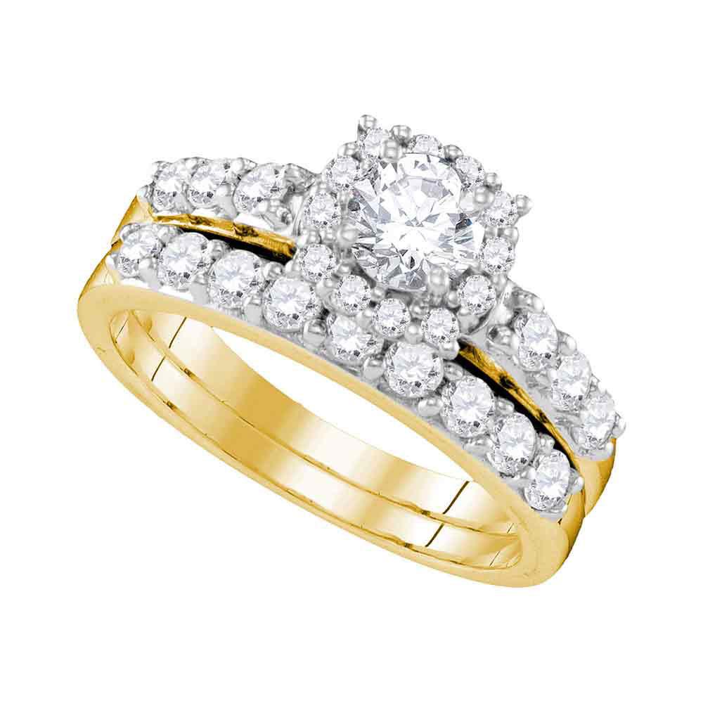 Wedding Collection | 14k Yellow Gold Round Diamond Halo Bridal Wedding Ring Band Set 1-1/2 Cttw | Splendid Jewellery GND