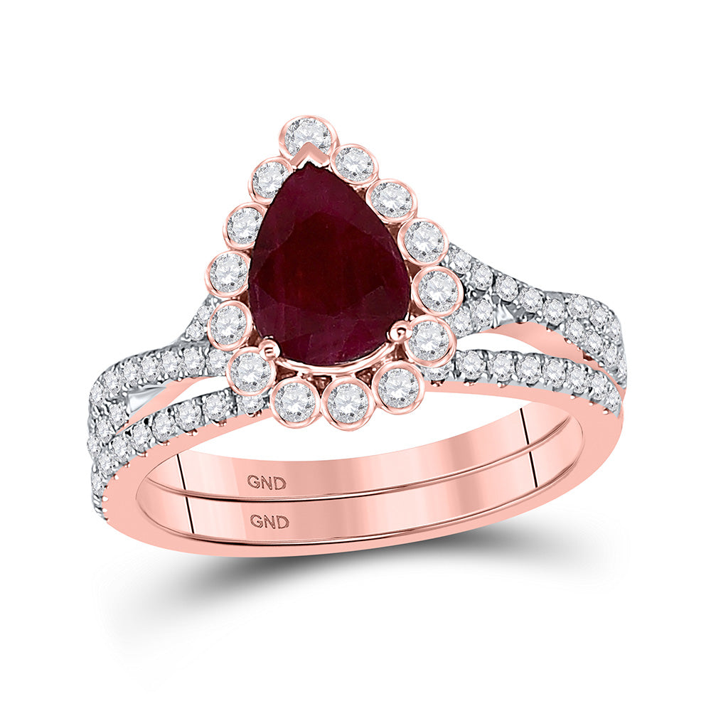 Wedding Collection | 14kt Rose Gold Pear Ruby Diamond Halo Bridal Wedding Ring Band Set 1-7/8 Cttw | Splendid Jewellery GND