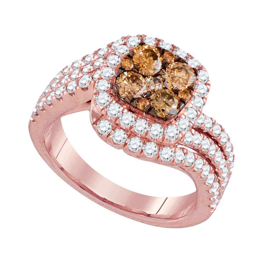 Wedding Collection | 14kt Rose Gold Round Brown Diamond Cluster Bridal Wedding Engagement Ring 2 Cttw | Splendid Jewellery GND