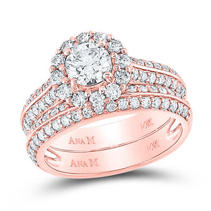 Wedding Collection | 14kt Rose Gold Round Diamond Halo Bridal Wedding Ring Band Set 1-7/8 Cttw | Splendid Jewellery GND