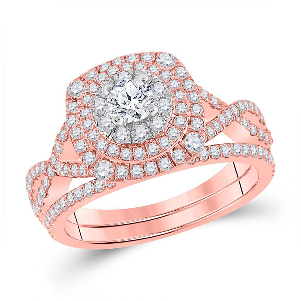 Wedding Collection | 14kt Two-tone Gold Round Diamond Halo Bridal Wedding Ring Band Set 1-1/3 Cttw | Splendid Jewellery GND