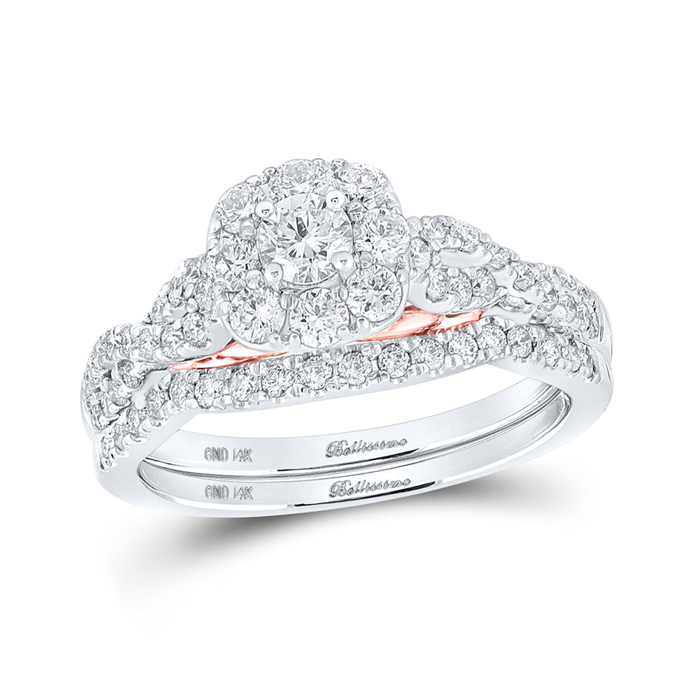 Wedding Collection | 14kt Two-tone Gold Round Diamond Halo Bridal Wedding Ring Band Set 1 Cttw | Splendid Jewellery GND