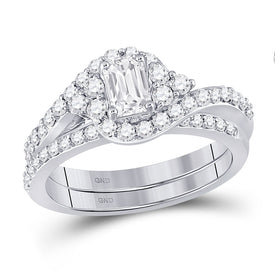 Radiant Love: 14kt White Gold Emerald Diamond Bridal Wedding Ring Band Set - Top View