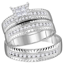Load image into Gallery viewer, 14kt White Gold Princess Diamond Cluster His Hers Wedding Set - A Mesmerizing Symbol of Love and Elegance - Top View