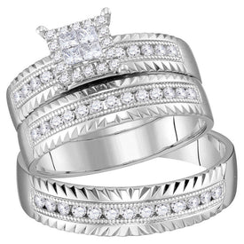 14kt White Gold Princess Diamond Cluster His Hers Wedding Set - A Mesmerizing Symbol of Love and Elegance - Top View