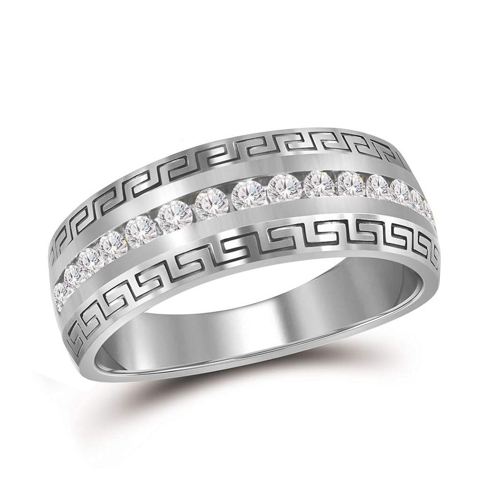 Wedding Collection | 14kt White Gold Mens Round Diamond Wedding Greek Key Band Ring 1 Cttw | Splendid Jewellery GND