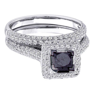Wedding Collection | 14kt White Gold Princess Black Color Enhanced Diamond Wedding Ring Set 1-1/4 Cttw Sz 8 | Splendid Jewellery GND