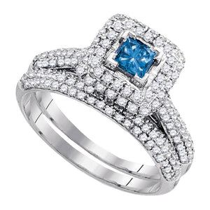Wedding Collection | 14kt White Gold Princess Blue Color Enhanced Diamond Bridal Wedding Ring Set 1-1/4 Cttw | Splendid Jewellery GND