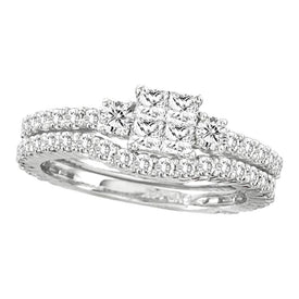 Radiant Love: 14kt White Gold Princess Diamond Bridal Wedding Ring Band Set - Top View