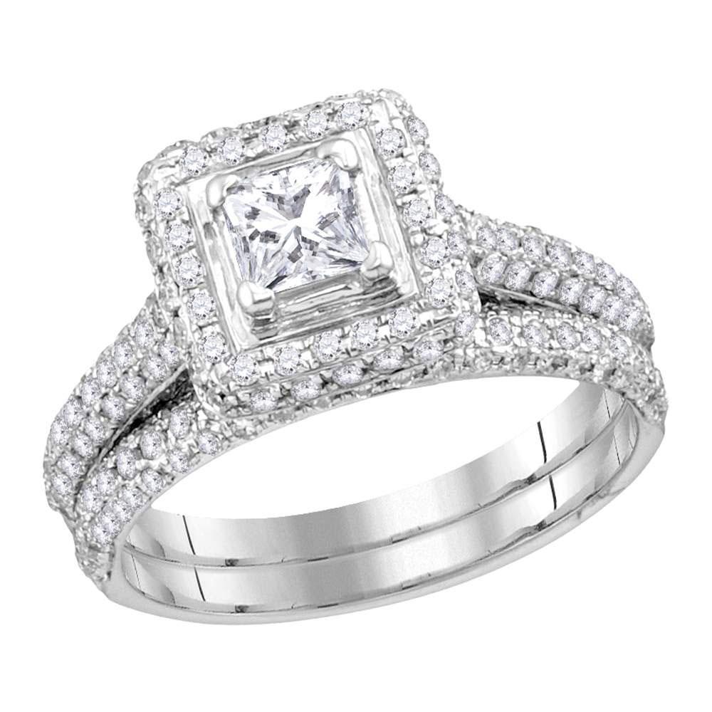 Wedding Collection | 14kt White Gold Princess Diamond Halo Bridal Wedding Ring Band Set 1-1/4 Cttw | Splendid Jewellery GND